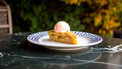 Close-up of apple pie slice with ice cream