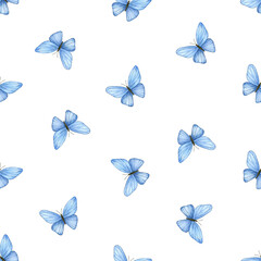 Seamless pattern with delicate flying blue butterflies. Watercolor hand painted illustration. Isolated element on a white background. For textiles, wallpaper, fabrics, packaging, decoration.
