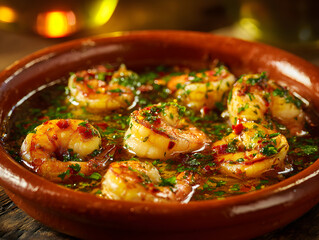 Gambas al Ajillo: Spanish Garlic Shrimp Tapas in Clay Dish