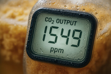 CO2 output meter showing 1549 ppm with condensation droplets on surface during food processing in industry environment