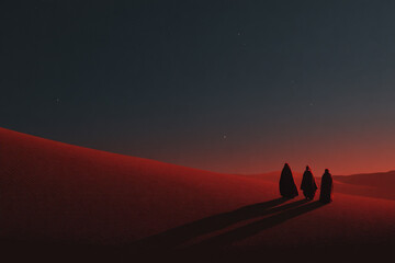 minimalist depiction of silhouette of wise men in vast desert their journey under starry sky