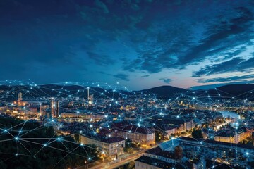 Fototapeta premium A vibrant night cityscape connected by digital networks, illustrating the intersection of technology and urban life under a cloudy sky.