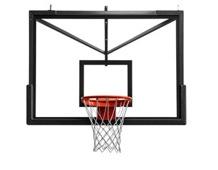 A modern indoor basketball hoop mounted on a glass backboard, isolated on transparent