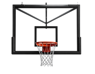A modern indoor basketball hoop mounted on a glass backboard, isolated on transparent