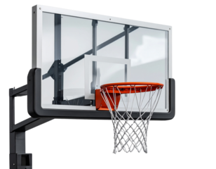 A modern indoor basketball hoop mounted on a glass backboard, isolated on transparent  