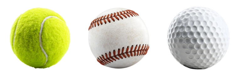 A collection of three distinct sports balls tennis golf and baseball presented side-by-side isolated on a white or transparent background