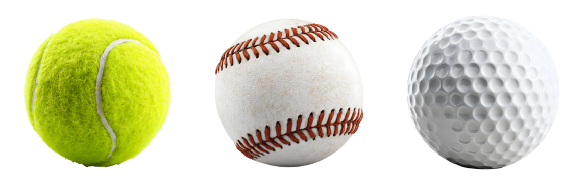 A collection of three distinct sports balls tennis golf and baseball presented side-by-side isolated on a white or transparent background