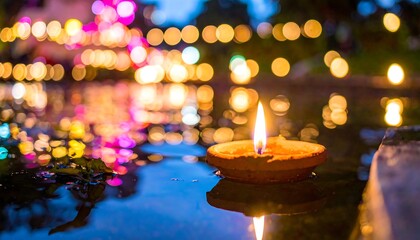 Floating candle reflecting in water with blurred festive lights