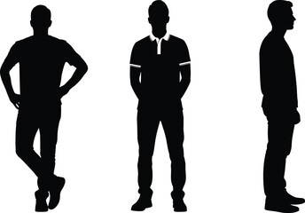 Black silhouette vector set of casually dressed people in various standing poses, showcasing posture, style, and human body design reference