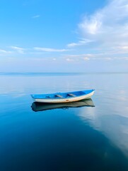 Naklejka premium A serene scene of a small boat floating peacefully on calm waters under a clear sky