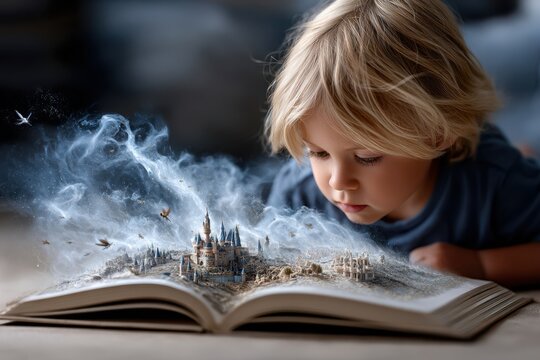 Child explores magical castle world emerging from open storybook at home on a quiet afternoon