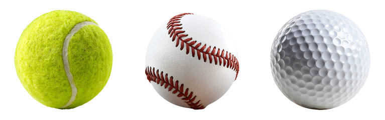 Three sports balls tennis baseball and golf side by side isolated on a white or transparent background