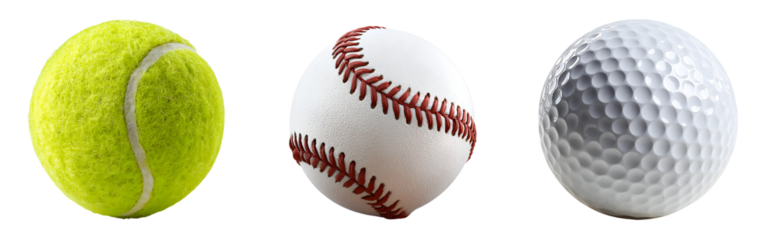 Three sports balls tennis baseball and golf side by side isolated on a white or transparent background