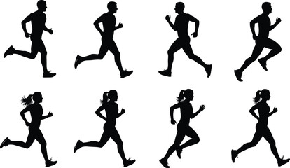Black silhouette vector set of male and female runners in various running poses, showcasing motion, fitness, sports, and athletic training reference