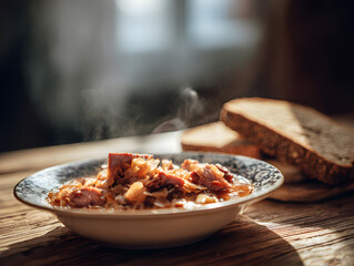 Hearty Kapusta with Meat and Bread: A Traditional Polish Dish on Rustic Wood Table - Warm, Comforting, and Authentic Cuisine