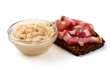 Garlic Spread, Rye Bread with Bacon, isolated on white background