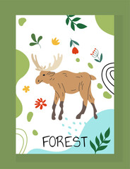 Elk forest animal. Wild deer. Wildlife fauna poster, notebook cover, nursery decor. Card design. Tree leaves and flowers on background. Summer woodland. Vector cartoon flat style isolated illustration
