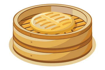 Isometric Illustration of a Bamboo Steamer with Lid Containing a Dumpling or Bun Ready for Cooking and Serving