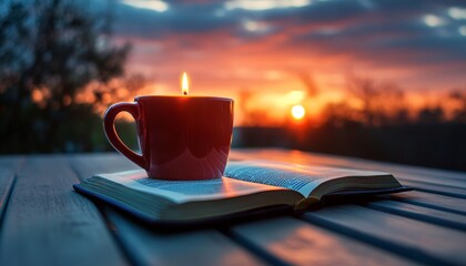 Cozy Sunset Serenity A Red Mug and Warm Candlelight Illuminating an Open Book on a Quiet Evening