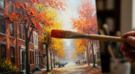 Obraz premium Photo of closeup of an artists hand holding a paintbrush with orange paint, actively painting a detailed oil painting of a charming street lined with brick buildings and trees in vibrant autumn colors