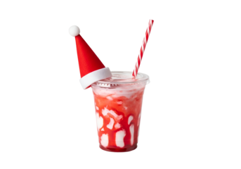 A festive beverage in a clear plastic cup, topped with a red Santa hat and a striped straw, against a black backdrop.