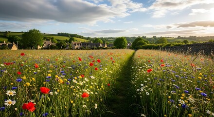 Obraz premium Wildflower Meadow Path with English Village.