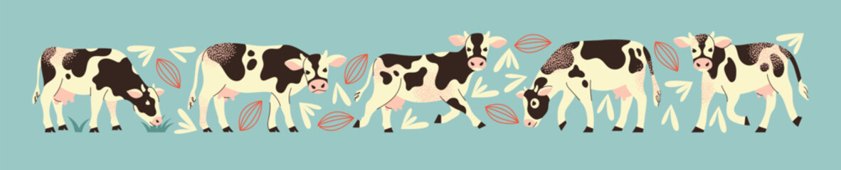 Naklejka premium Set of cows different poses standing, grazing, cute farm. Dairy farming and agriculture concept. Flat vector illustration.