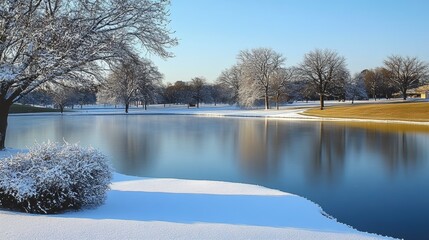 Tranquil Winter Scene Snow-Covered Trees Surrounding a Serene Lake Under a Bright Blue Sky