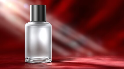 Naklejka premium Elegant glass bottle standing on a red and silver background with soft lighting
