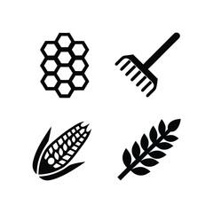 Black icons of honeycomb corn rake and wheat stalk on white background vector