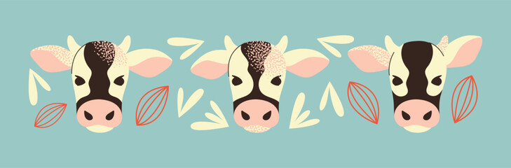 Cute cows head vector. Dairy farm animals, livestock, and agriculture themed graphic element. Flat doodle illustration, perfect for food packaging or fabric design. © Olexandra Simkina