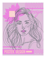Woman face poster. Fashion magazine. Beautiful young female portrait. Line pencil sketch drawing. Stylish hairstyle. Fashionable girl. Modern theater. Booklet design. Vector glamour journal banner