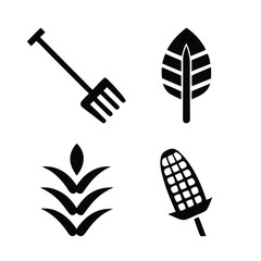 Black icons of pitchfork wheat stalk corn cob and leaf on white background rake tool