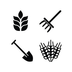 Black icons of wheat stalks shovel and rake on white background grain agriculture