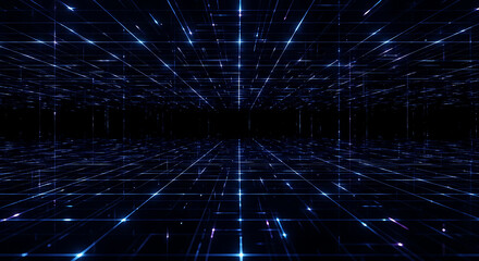 Obraz premium Abstract blue grid with perspective, digital technology background.