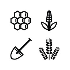Four black agricultural icons honeycomb corn shovel wheat on white background agriculture farming