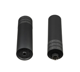 Two firearm suppressors with a patterned texture, showing both ends, isolated on a white back