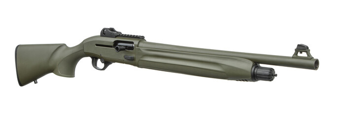 Contemporary green pump-action shotgun with tactical styling, set against a white backdrop