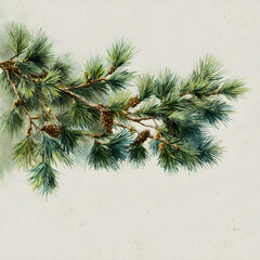 Detailed depiction of a pine branch featuring vibrant green needles and pine cones in a natural setting