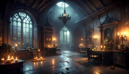 Fototapeta premium A mysterious gothic hall illuminated by the warm glow of candlelight, with large arched windows and stone floors.