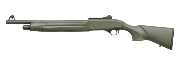 Tactical-style green shotgun with pump-action mechanism, isolated on a clean white surface