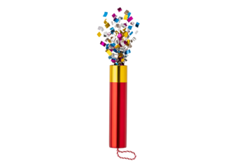 A vibrant red party popper explodes with colorful confetti against a black backdrop.