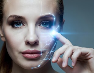 A woman's face with a futuristic digital overlay representing biometric scanning and facial recognition technology.