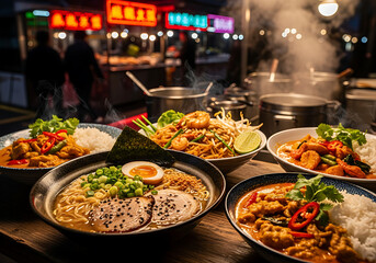 A delicious spread of steaming hot Asian noodle dishes and curries served at a vibrant night market.