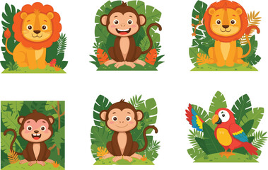 Cute jungle animals cartoon, happy lion and monkey illustrations, colorful parrot, tropical leaves background, kids wildlife characters, playful nature art