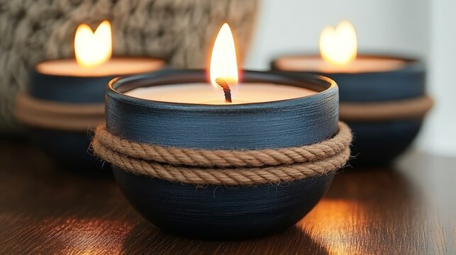Rustic Soy Wax Vegan Aroma Scented Candle in Dark Ceramic Bowl with Nautical Maritime Design Decor - Powered by Adobe