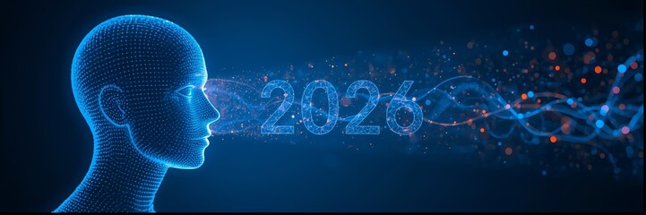 Obraz premium Futuristic backgrounds and banners with a technology and New Year 2026 theme,Artificial intelligence robot head and hologram 2026, entering the era of 2026