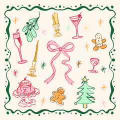 Christmas Vintage Hand Drawn Holiday Vector Set. Festive Doodle Illustration with Gingerbread, Tree, Drinks and Ribbon