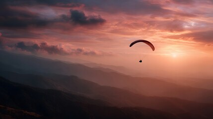 Paraglider soaring majestically over layered mountain ranges during a vibrant colorful sunset