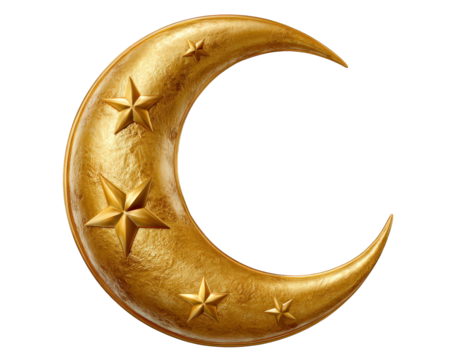 Golden crescent moon with embossed stars, shiny metallic texture, celestial night symbol, decorative, isolated on transparent background, evokes dreamy and magical feeling